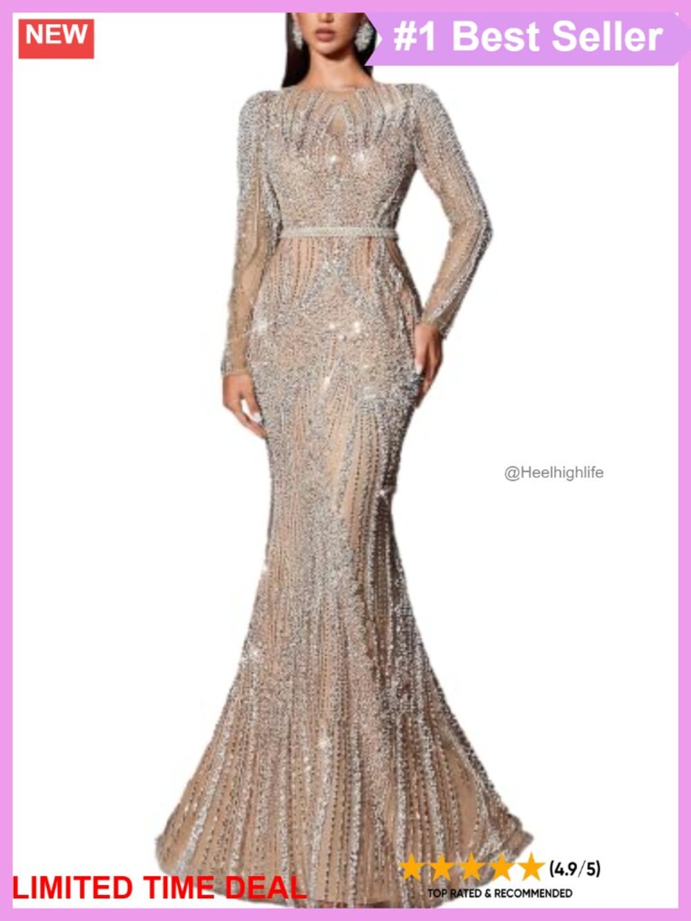 Sequin Beaded Mermaid Evening Gown Long Sleeve Formal Prom Dress